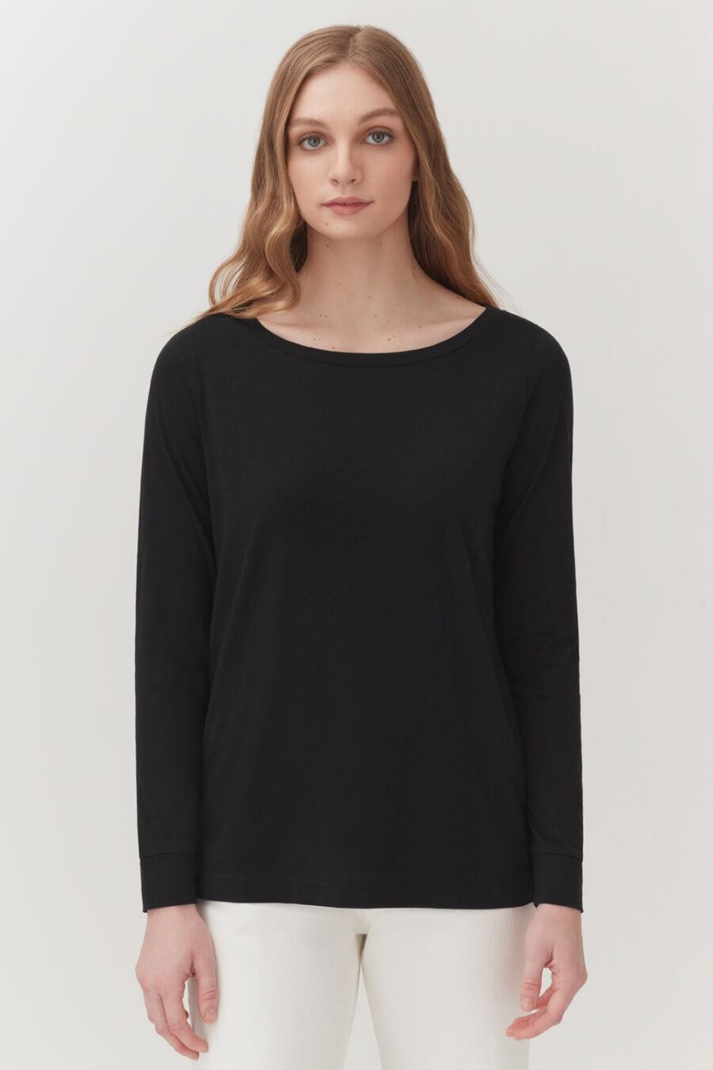 Koszulki Damskie Cuyana Pima Boatneck Long Sleeve Tee Czarne | UHO4130OW