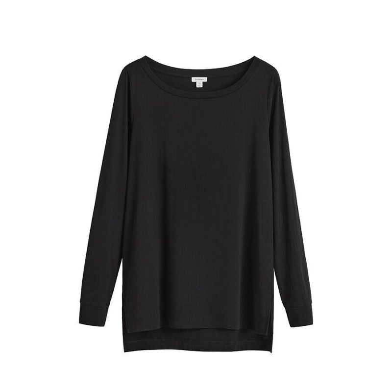 Koszulki Damskie Cuyana Pima Boatneck Long Sleeve Tee Czarne | UHO4130OW