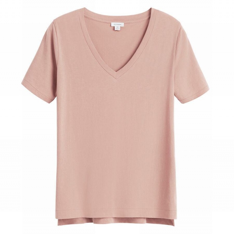 Koszulki Damskie Cuyana Pima V-Neck Tee Różowe | FXC1293XP