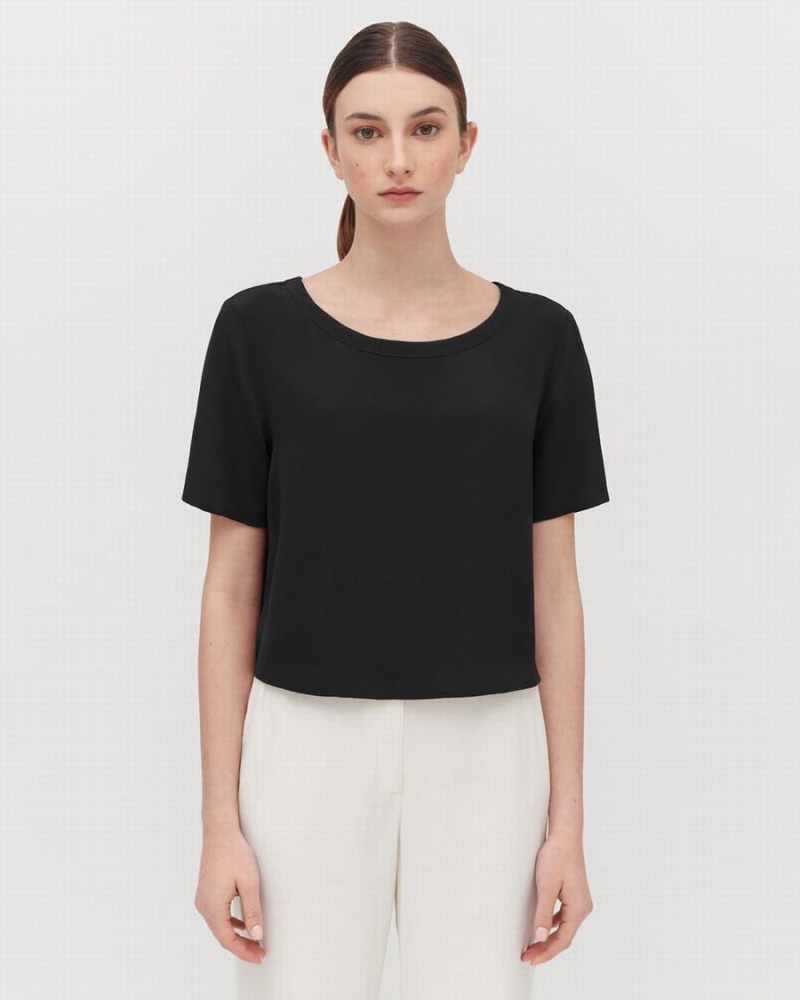 Koszulki Damskie Cuyana Silk Cropped Crewneck Tee Czarne | JIR232KY