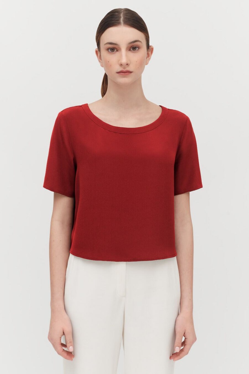 Koszulki Damskie Cuyana Silk Cropped Crewneck Tee Czerwone | INL782TE