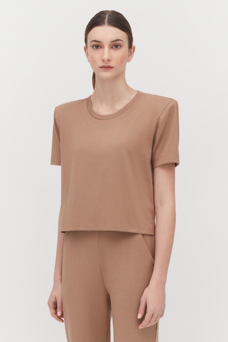 Koszulki Damskie Cuyana Watowany Shoulder Cropped Tee Khaki | QUN3341WM