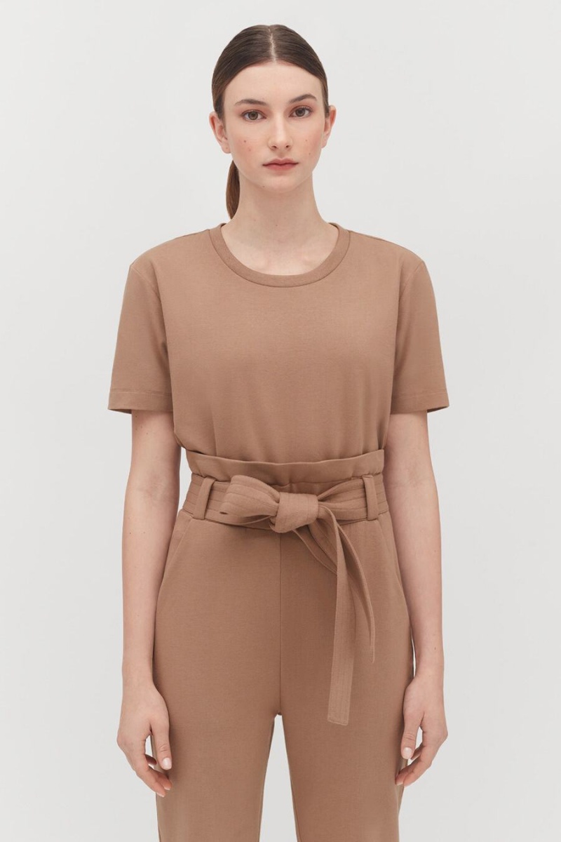 Koszulki Damskie Cuyana Watowany Shoulder Cropped Tee Khaki | QUN3341WM