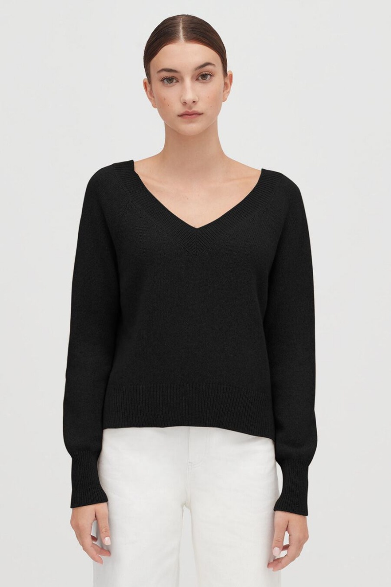 Swetry Damskie Cuyana Recycled Cashmere Deep V-Neck Czarne | FQQ6663CG