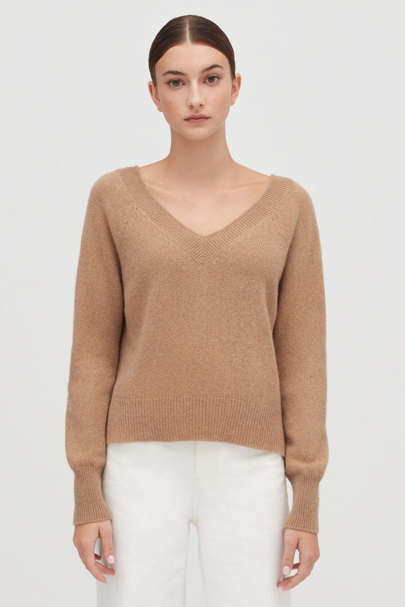 Swetry Damskie Cuyana Recycled Cashmere Deep V-Neck Brązowe | XMG3855ZA